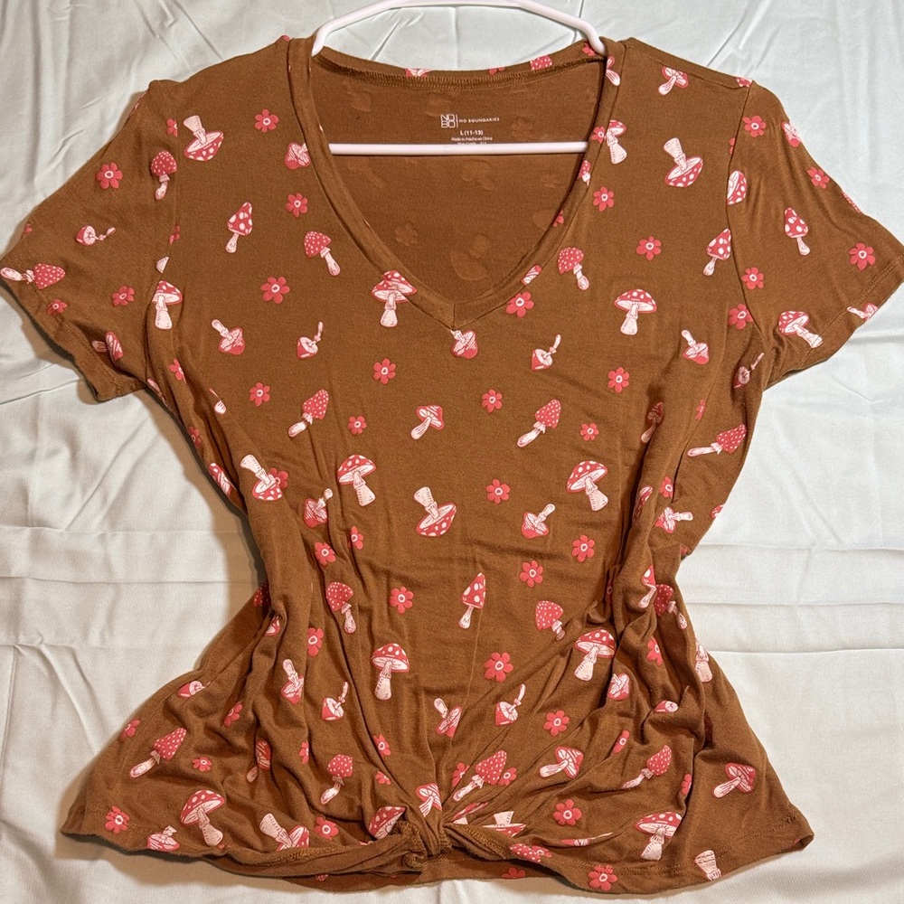 Brown Mushroom Print V-Neck Tee
